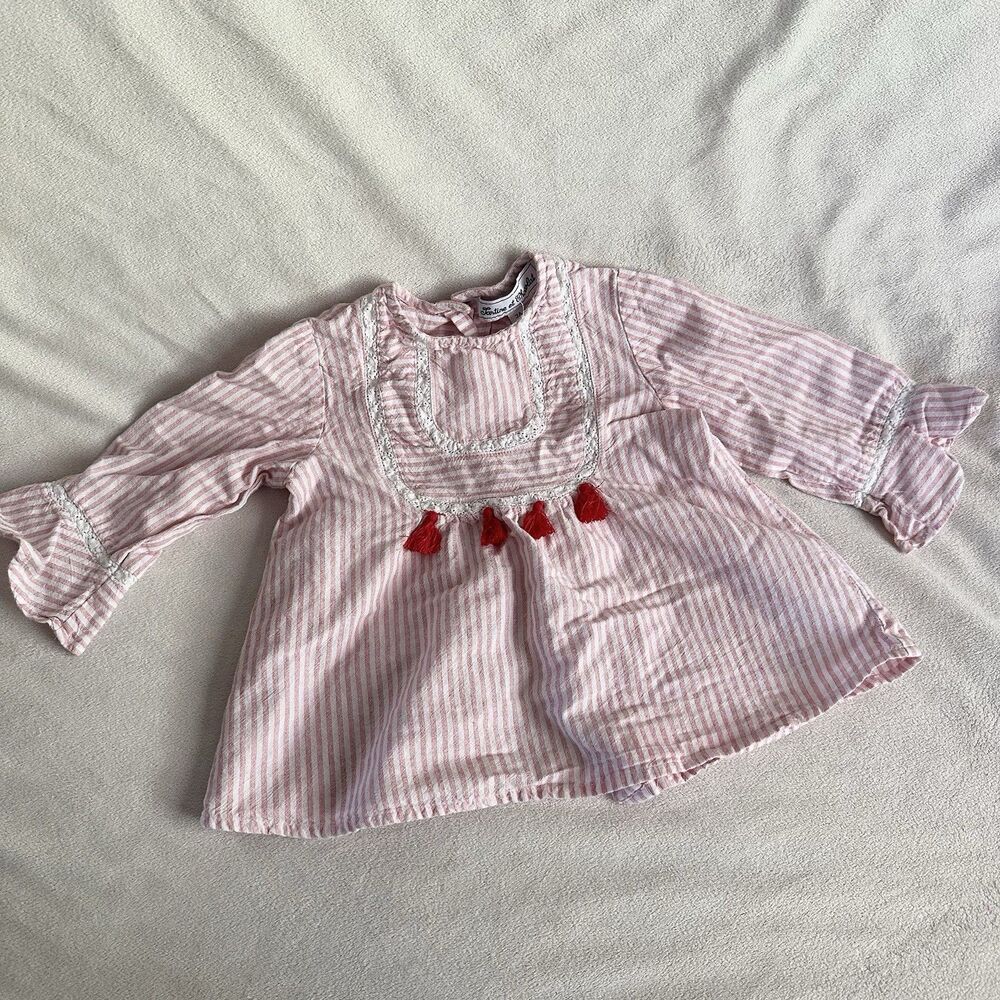 Tartine Et Chocolat Toddler Girl 3A Pink Striped Smocked Shirt Long Sleeve